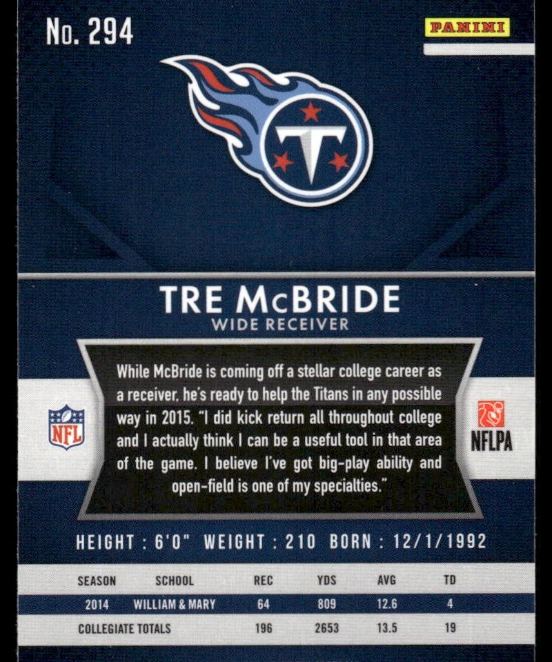 2015 Panini Prizm Tre McBride Rookie #294 Tennessee Titans - Image 2 of 2