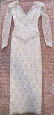Vintage Beaded Long Wedding Dress L/S with Matching Long Train  Vail Headpiece