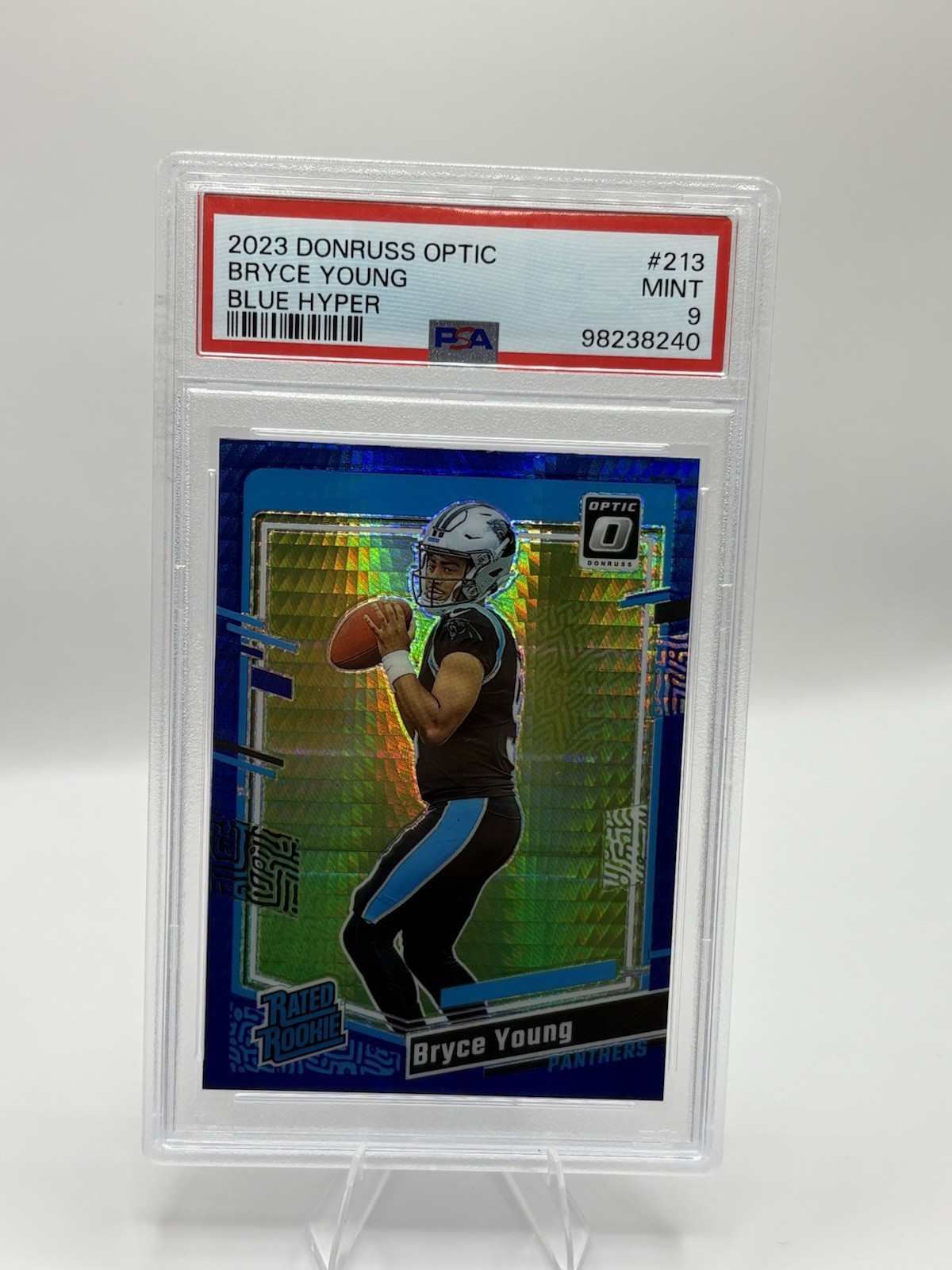 ROOKIE BRYCE YOUNG 2023 PANINI DONRUSS OPTIC #213 RATED ROOKIE BLUE HYPER PSA 9