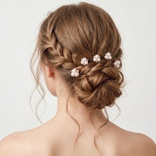 6 pcs White Metal U Shape Hairpins with Pearl Flower for Wedding Hair Style