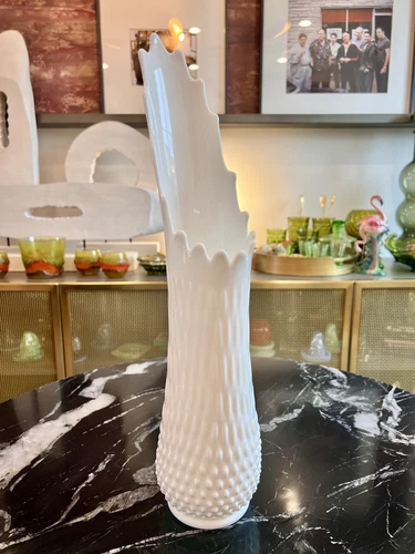 Fenton Hobnail Footed Milk Glass Swung Vase 16 Finger 18 7/8” Vintage MCM