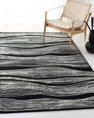 NZ Wool Hand Tufted Rug Black NZ Wool Rug, with white wave