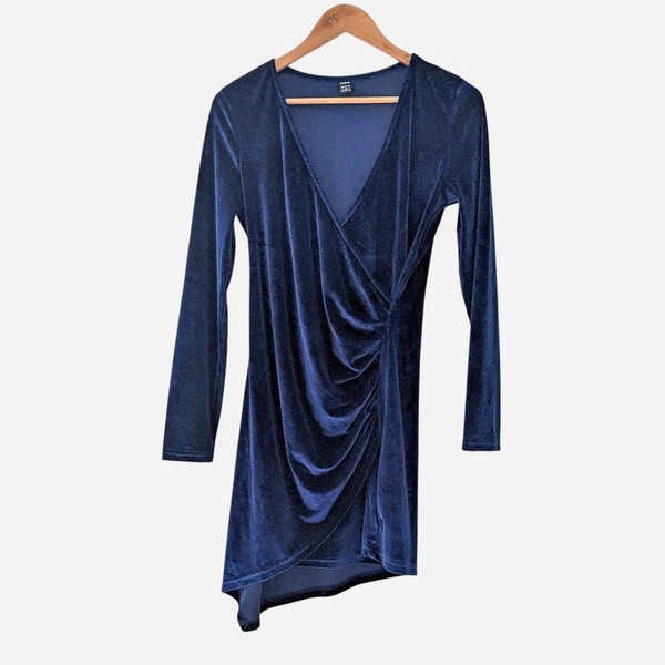 SHEIN Navy Velvet Wrap Mini Dress AU 10-12 Ruched Long Sleeve Party Dress