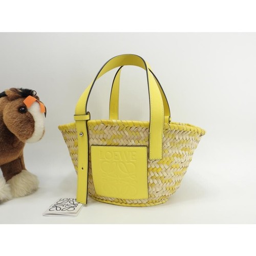 Loewe Basket Small Tote Bag Palm Leaf Yellow Calf Leather Auth