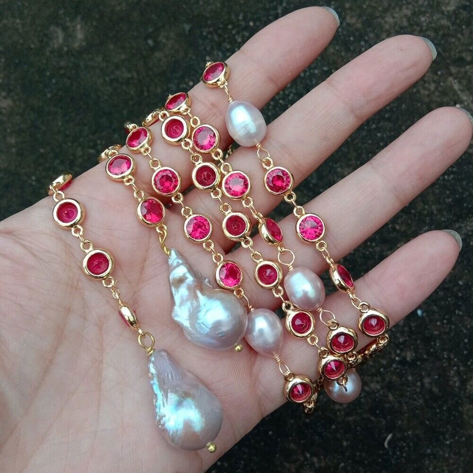 Cultured Pink Keshi Pearl & Cubic Zirconia Long Chain Necklace - 50", Rectangle Pave Pendant