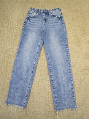 Risen Jeans Women 26 Blue Straight Cropped Mid Rise Pants Acid Wash Frayed Hem