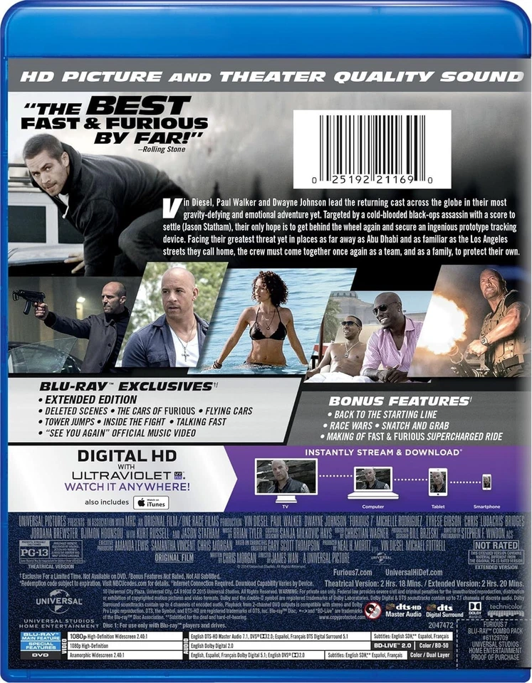 Furious 7 (Blu-ray + DVD + DC) New, with Sleeve/Slip-Cover, - Image 3 of 3