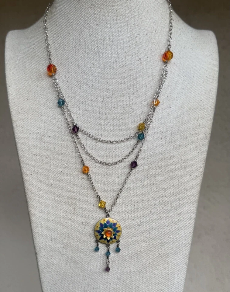 925 Sterling Silver Cascading Enamel Multicolor Glass Flower Layered Necklace #7