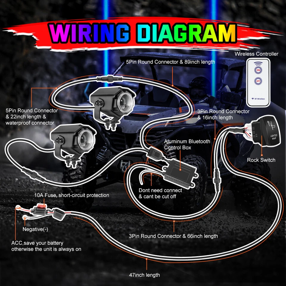 UTV ATV SXS Laser RGB LED Whip Light Whipless Kit For Polaris RZR Ranger General Foto 4 de 4