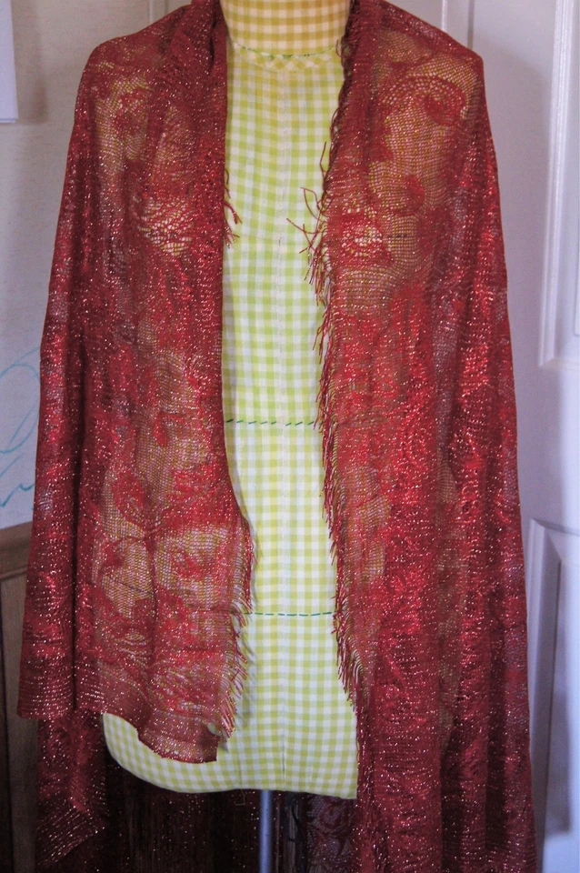 Dark Red Lacy w/Gold Sheen Prayer Shawl Scarf Fabric Over 1 Yard  48" X 70" - Image 2 of 4