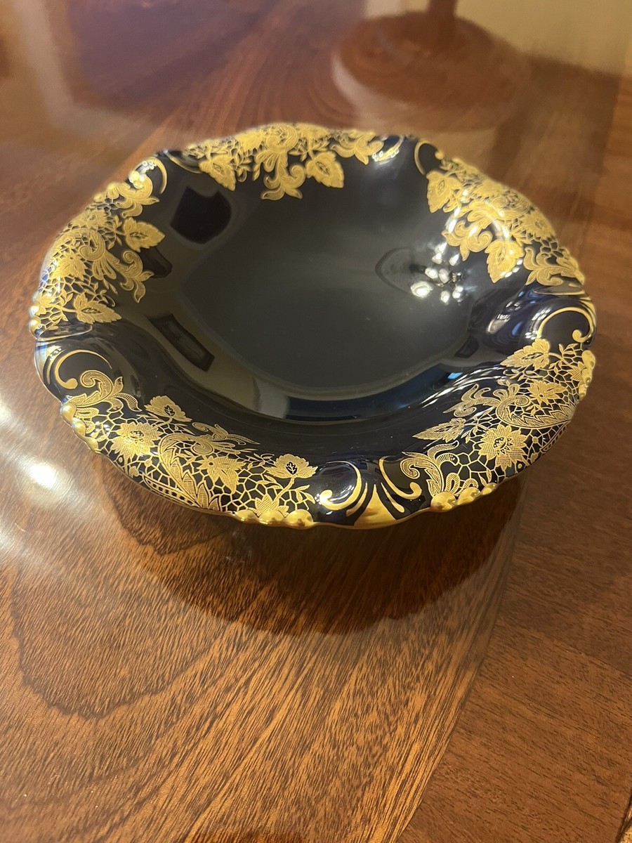 ECHT CM HUTSCHENREUTHER HOMEMBERG KOBALT BLUE SERVING FOOTED DISH GOLD FLORAL