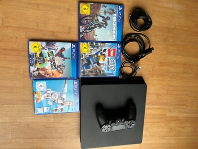 PS 4 Slim 1TB Spielkonsole mit Dualshock Controller Schwarz und 4 Spiele - Gut
