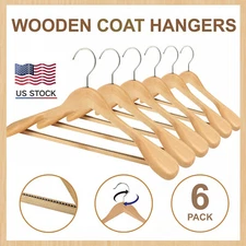 Wooden Hangers Pack of 6 Suit Hanger Premium Natural Finish Home Anti-Slip Hook
