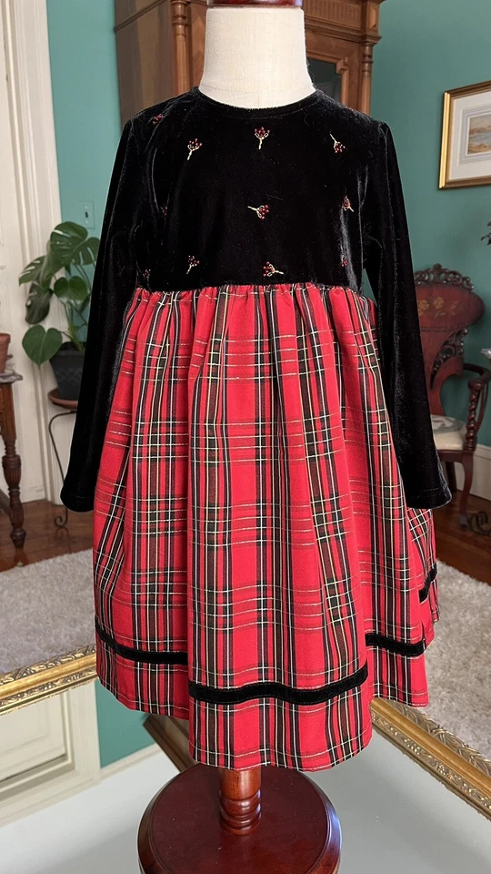 Delightful Sz4 Holiday Dress Velveteen Top &Tartan Plaid Satin Organza Skirt EUC - Image 2 of 4