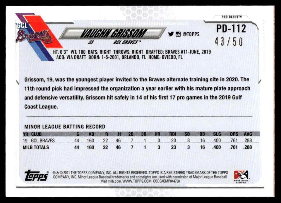 2021 Topps Pro Debut Gold Vaughn Grissom 43/50 GCL Braves #PD-112 R18 - Image 2 of 2