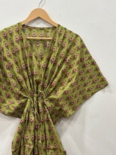 Wovenkala Olive Green Cotton Kaftan Dress Floral Loungewear Maxi Gown Robe