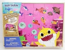 BABY SHARK 5 Wood Puzzles Storage Box Tray Educational Learn Jigsaw Kids New