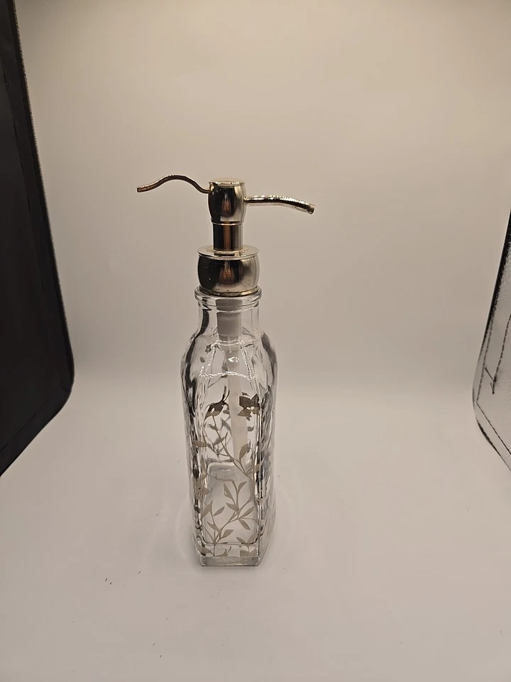 DISPENSADOR DE JABÓN GRANDE ESTILO VINTAGE DE VIDRIO, BOMBA DE NÍQUEL PLATA CEPILLADA 9 pulgadas de alto Foto 2 de 4
