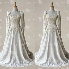 Stain Wedding Dresses Lace Appliqu Sweep Train Long Sleeve Victorian Bridal Gown