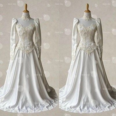 Stain Wedding Dresses Lace Appliqu Sweep Train Long Sleeve Victorian Bridal Gown