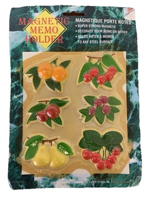 NOS Vintage Magnetic Memo Holder Set Fruit Magnets Retro Kitchen Decor Kitsch