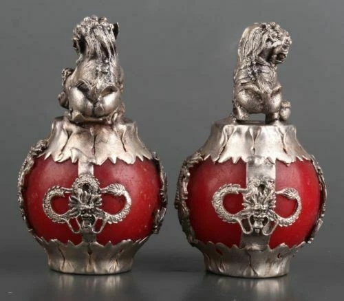 Un par de estatua china antigua del Tíbet plata tallada a mano armadura jade dragón león 9061 Foto 4 de 4