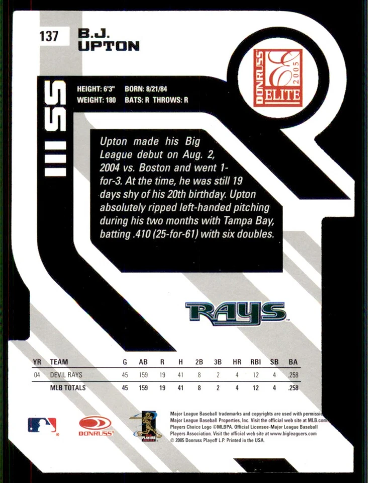 2005 Donruss Elite Aspirations #137 BJ Upton Tampa Bay Rays 16/65 - Image 2 of 2