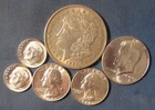 LOT 6 US SILVER COINS 1921 MORGAN SILVER DOLLAR 1964 HALF $ 2 QUARTERS ETC