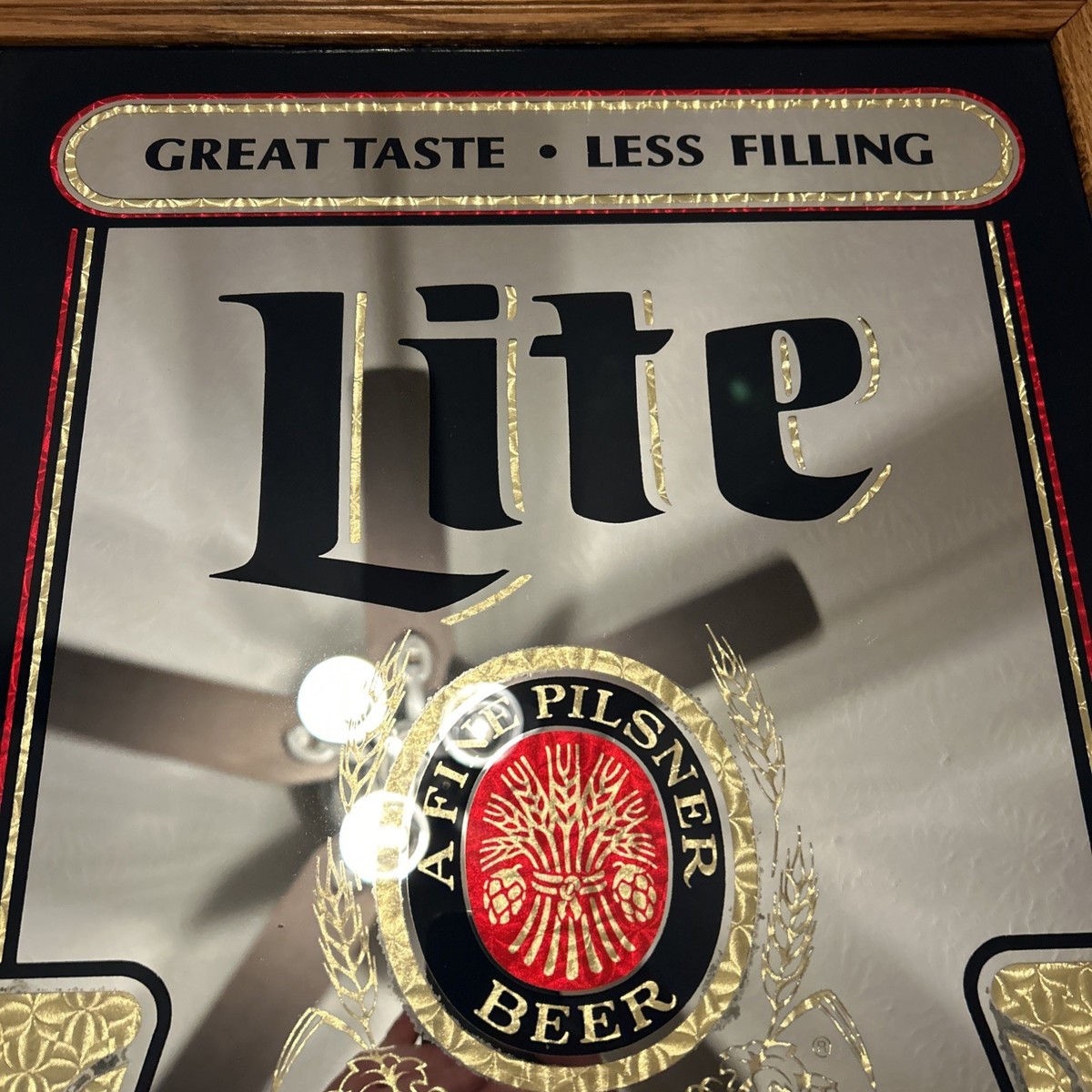 Vintage Miller Lite Beer Bar Mirror Wood Frame Great Taste Less