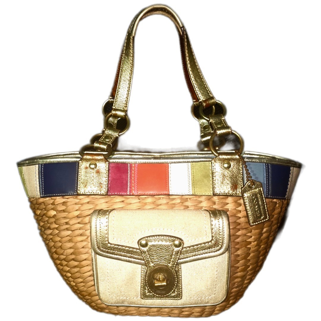 Coach 10749 Lily 65th Anniversary Ed. Large Straw W/Gold Leather Trim Tote Bag