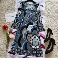 Emilio Pucci Blue Knee-Length Dress All-Over Print V-Neck Long Sleeve Auth
