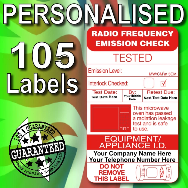 JAMES LABELS PAT Test Radio Frequency Microwave Emission PERSONALISED Labels x 105