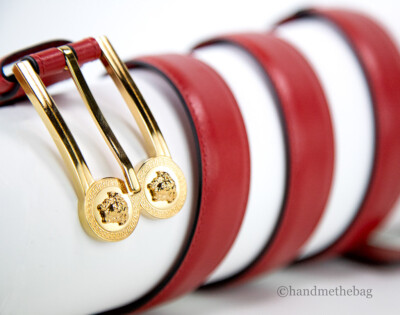 Versace Slim Smooth Red Leather Double Medusa Pendant Buckle Adjustable Belt Versace Red Leather Gold Medusa Metal Medallion Buckle Belt  main image 4