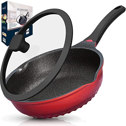Nonstick Skillet with Lid, 11In/5Qt Aluminum Deep Frying Pan with Lid and Hea...