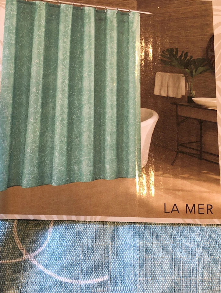 New Caribbean Joe LA MER Aqua Fabric Shower Curtain with Beaded Metal Hooks - Image 4 of 4