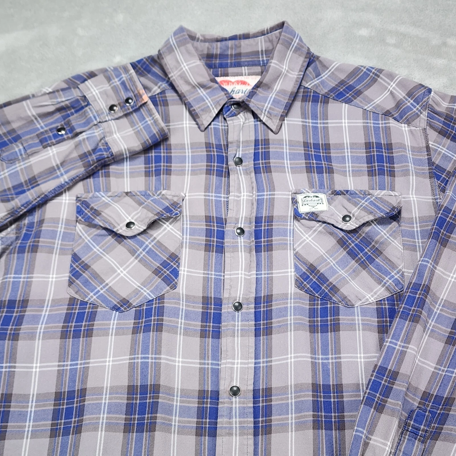 Carhartt Shirt Mens Large Gray Plaid Flannel Snap Long Sleeve Work Wear Outdoor