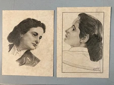 Lot 2 dessins Crayon Sur Papier Jeune Fille Femme Portrait Dessin A Identifier