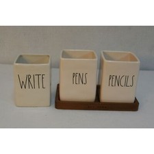 Rae Dunn Artisan Collection Magenta Pens Pencils Wood Base Write Holders White