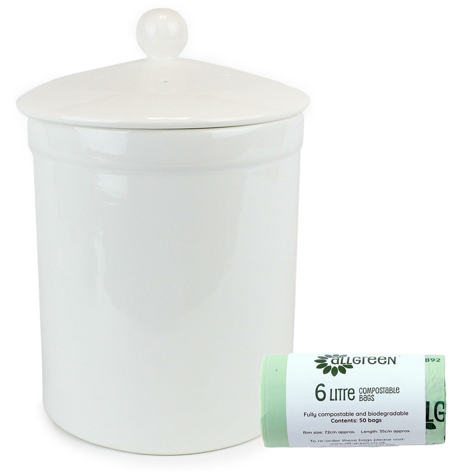 Portland Ceramic Compost Caddy/Food Waste Bin - White & 50x 6L All-Green Bags