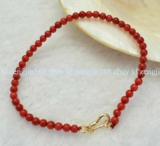 Small 4mm Natural Red Coral Round Gemstone Beads Gold Clasp Bracelet 7.5"