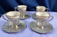 4 LOVELY ANTIQUE WEBSTER SILVER PLATE ORNATE PICTORIAL DEMITASSE CUPS  & SAUCERS