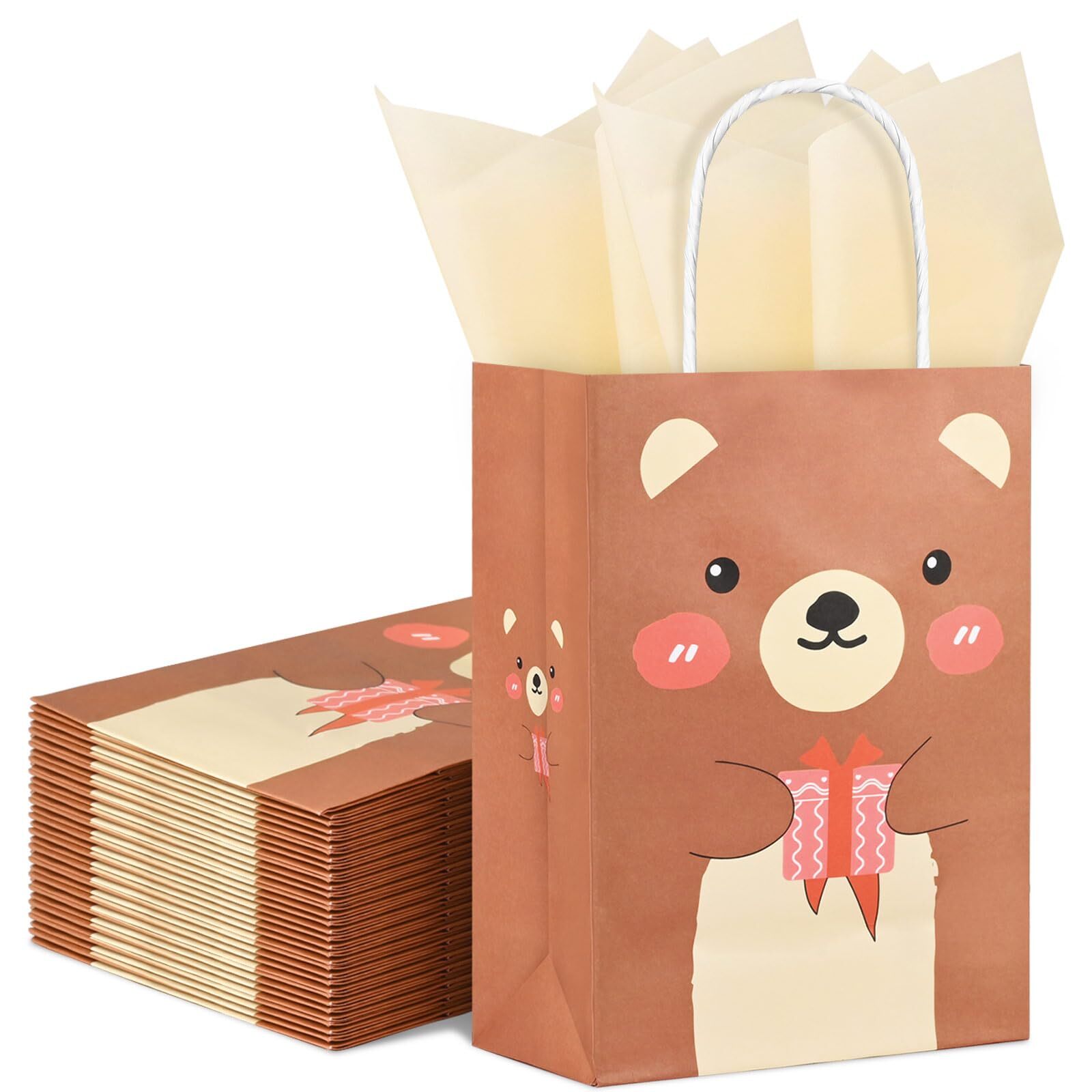 16Pack Bear Paper Gift Bags with Tissue Paper, Cute Brown Bear Printed Goodie...