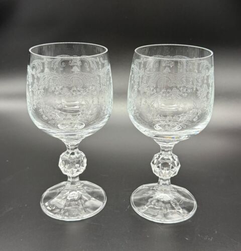 Set 2 calici da vino in vetro trasparente inciso a cascata associati importazione vintage 5 7/8
