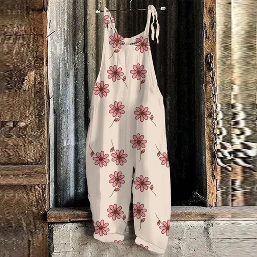Damen Sommer Baumwolle Leinen Overall Blumendruck Freizeit Locker Retro Jumpsuit - Bild 5 von 51