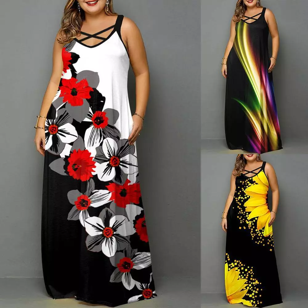 Plus Size Womens Floral Long Maxi Dress Summer Party Beach Sleeveless  Sundress | eBay