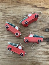 Set Of 4 Red Pickup Truck Tree Christmas Ornaments Wood Farmhouse Holiday