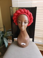 Aso-Oke African Headtie Auto Gele, Ready Made Gele Red/Coral 