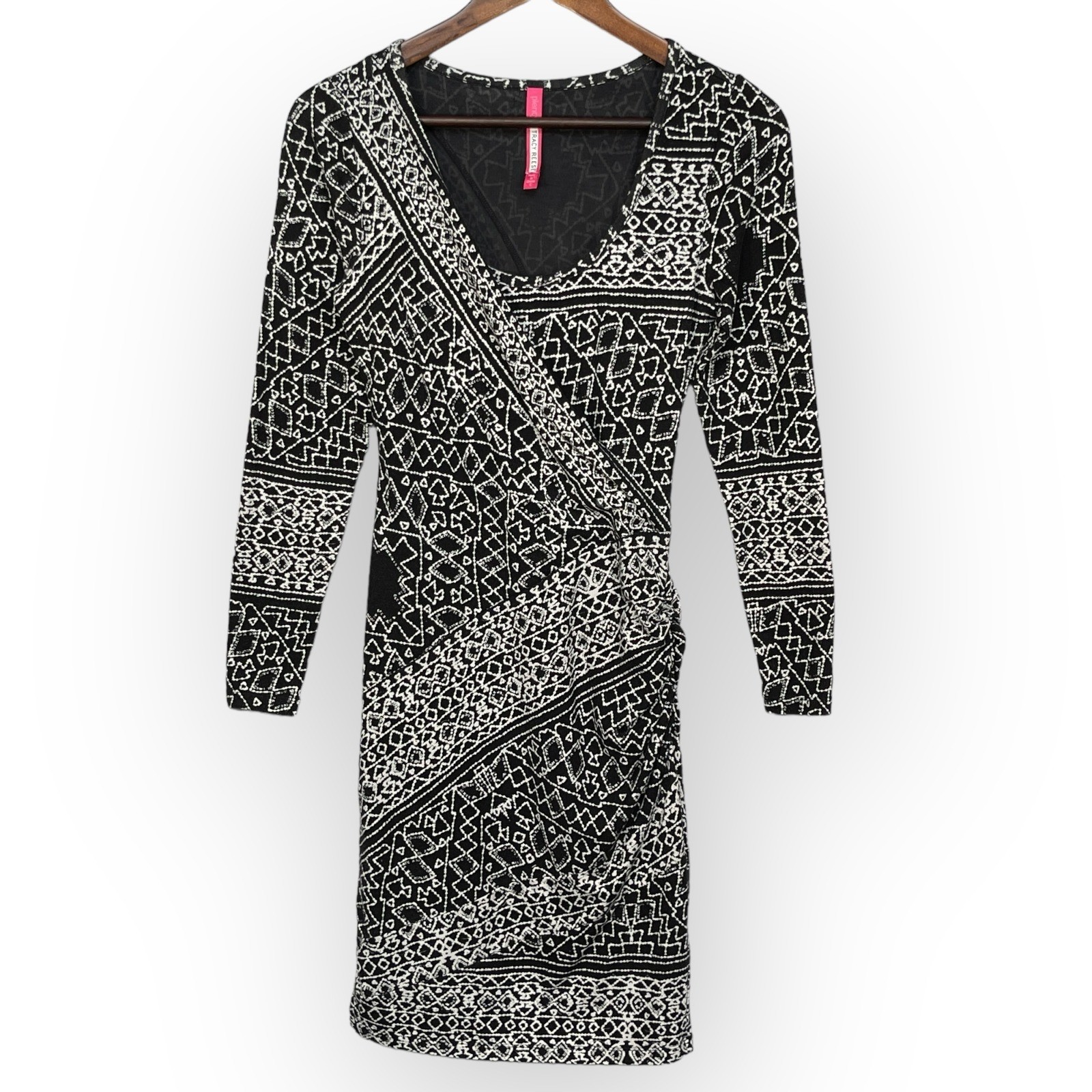 Plenty by Tracy Reese Black Geometric Wrap Ruched Long Sleeve Dress Size S Lined