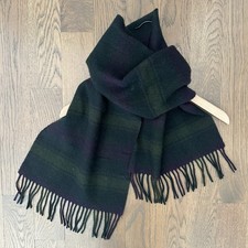 Vintage 100 Lambswool Tartan Plaid Oblong Fringed Scarf in Navy and Green 64"l