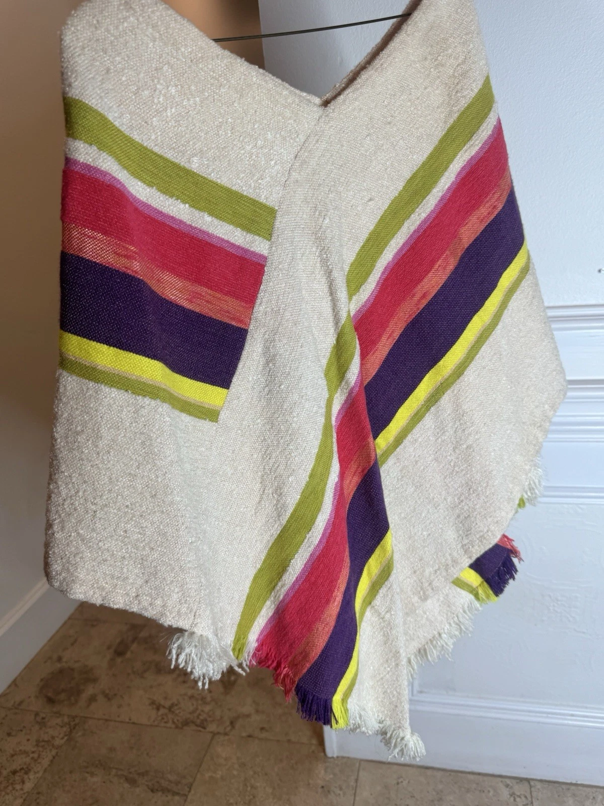 VTG Poncho Boho Knit Triangle Neon Yellow Pink Orange Stripe MEDIUM 100% Cotton